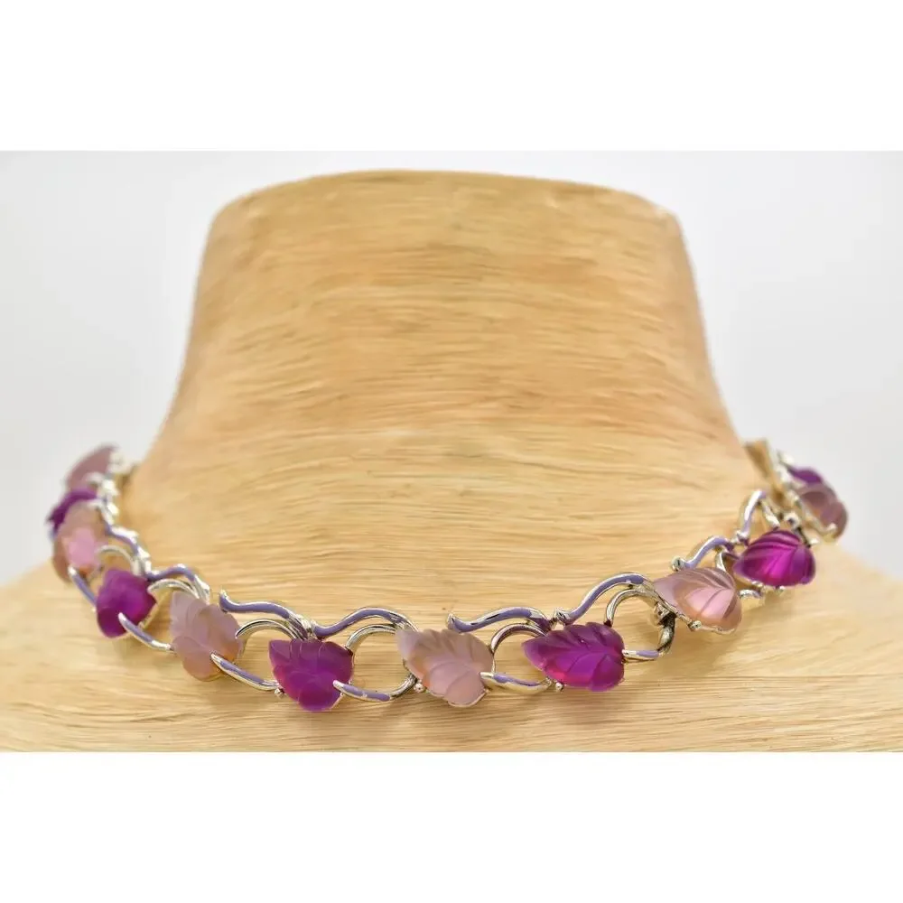 Star Vintage Choker Collar Necklace Purple Lucite Leaf Chunky Signed 1940s BinBJ